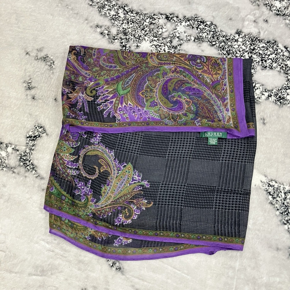 Lauren Ralph Lauren Paisley Scarf Purple Black Silk Blend Oblong Wrap - Picture 10 of 11